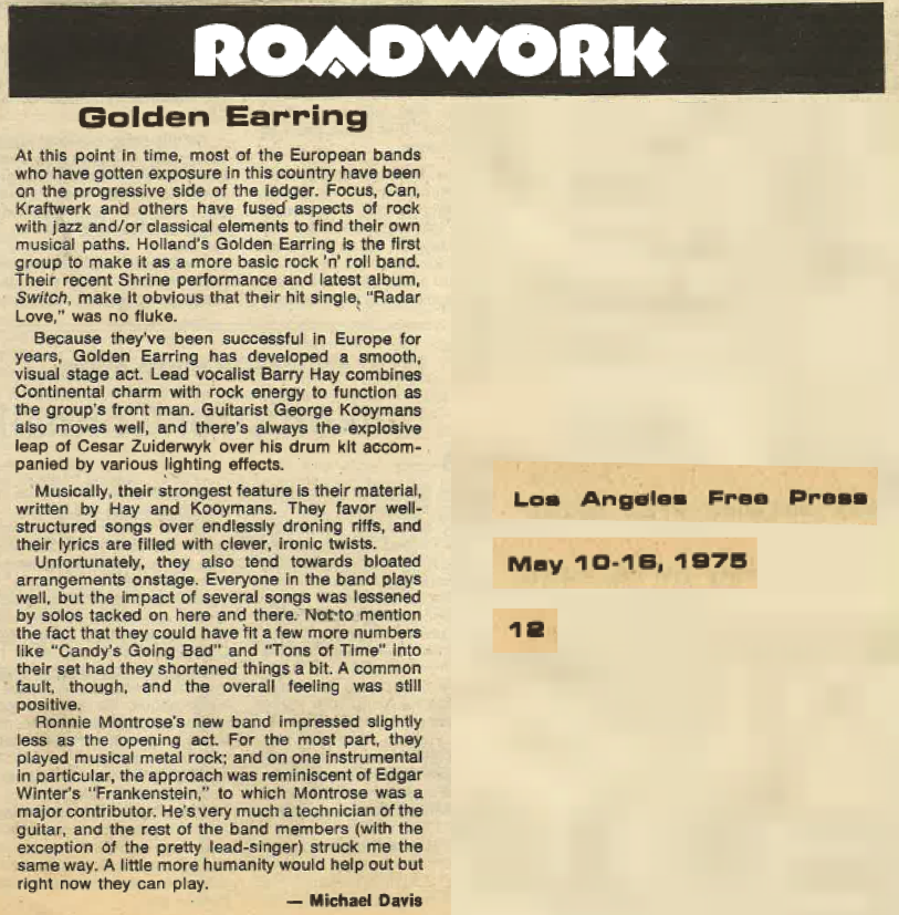 Golden Earring with Montrose April 27 1975 Los Angeles Shrine Auditorium show ticket
